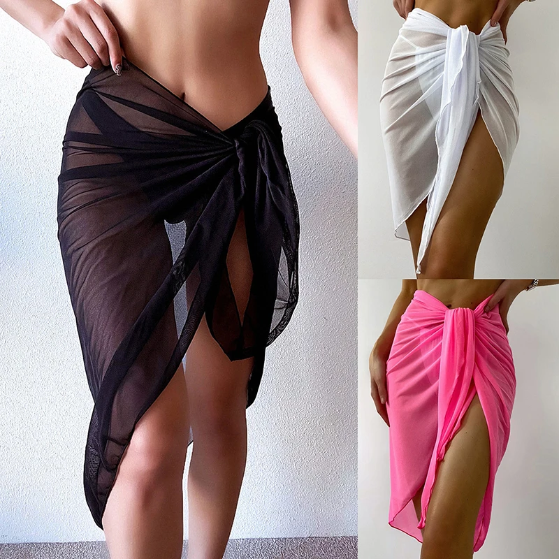 

Женская прозрачная накидка на талию с узлом, Женская длинная и короткая юбка, накидка на бикини, шарф, накидки для купальников