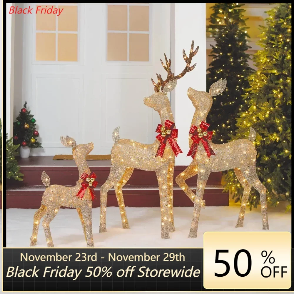 

Set of 3 Light-up Glitter Deer Family With 210 Clear Incandescent Christmas Lights Outdoor Christmas Inflatable Decoration Merry