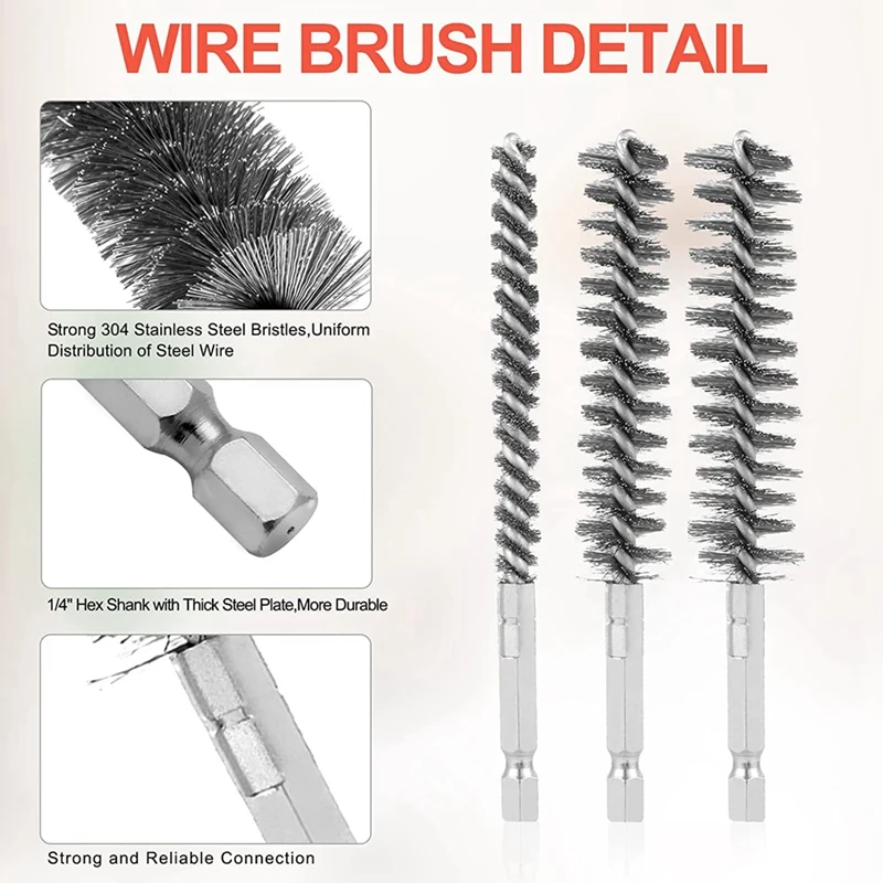 

10Pcs Stainless Steel Bore Brush In Different Sizes 1/4Inch Hex Shank,Wire Brush Attachment For Drill Set