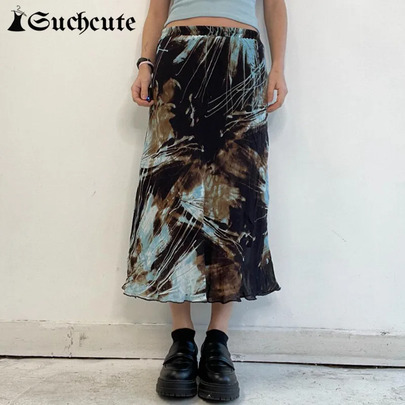 

SUCHCUTE Grunge Tie-dye Print Midi Skirt Women Vintage Harajuku Casual Long Skirts Korean Streetwear Fairycore Clothes Gothic