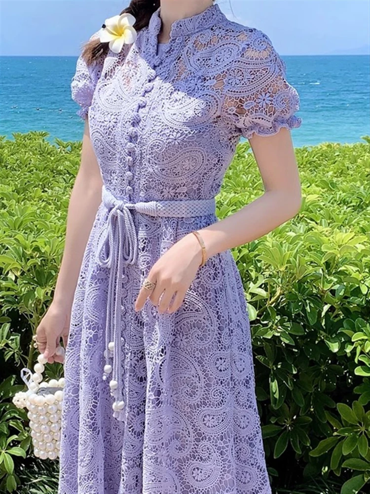 Женское кружевное платье в стиле бохо элегантное винтажное однотонное