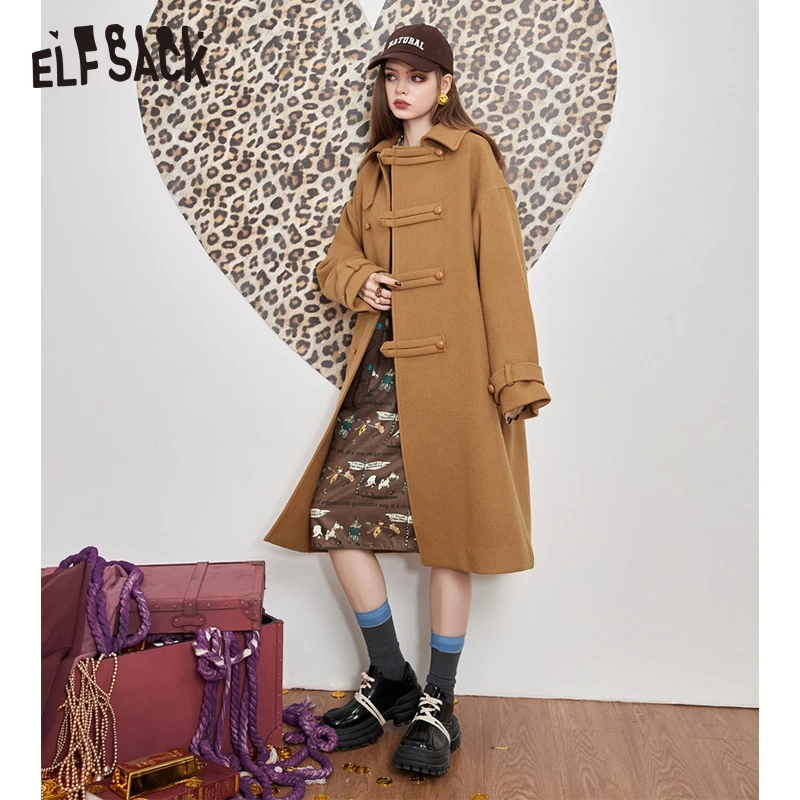 

ELFSACK Brown Wool Coats Women 2022 Winter Double Breasted Mid-length Coats