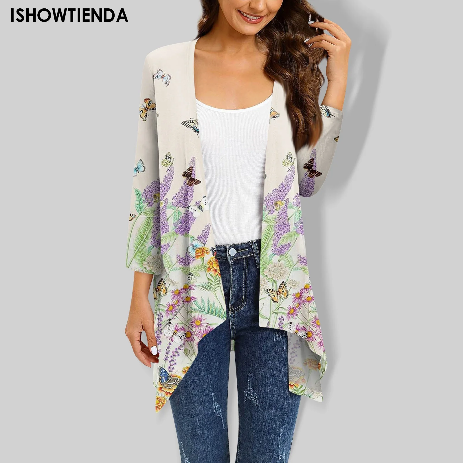 

Three-quarter Sleeve Cardigan With Pocket Jacket Spring Auutmn Cardigan Coat Casual Jacket Women's Gradient Print Irregular