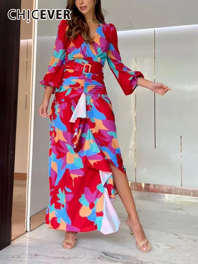 

CHICEVER Bohemian Print Dresses For Women Deep V Neck Long Sleeve High Waist Spliced Ruffles Hit Color Maxi Dress Female Spring