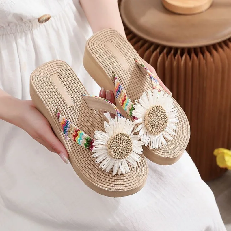 

Floral Flip-flops Women's Summer Vacation Beach Shoes Female Flip-flops Non-slip High Heel Wedges Sandals