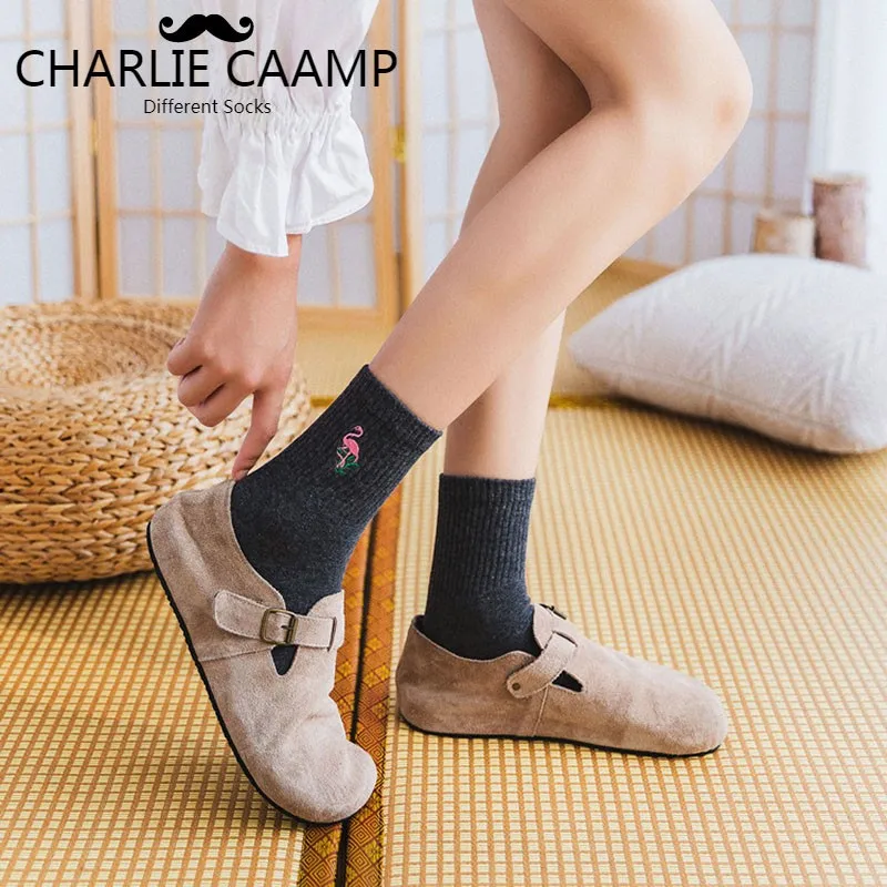 Женские хлопковые носки новые универсальные с вышивкой фламинго милые