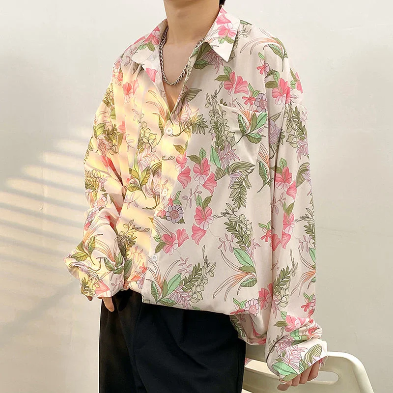 Spring/summer Long Sleeve Shirts Men Fashion Society Mens Dress Shirts Korean Loose Casual Print Shirts Mens Flower Shirts M-3XL