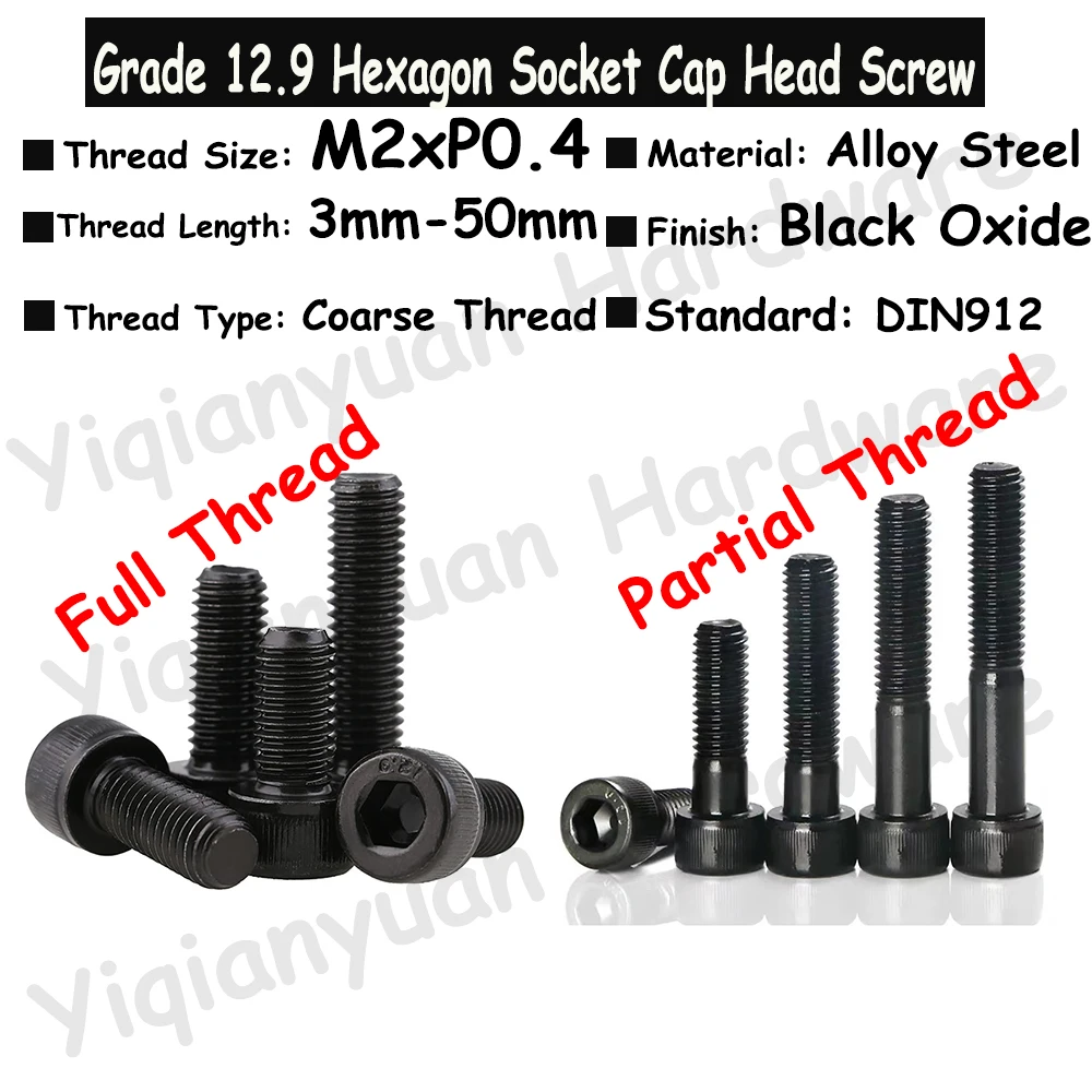 

10Pcs~50Pcs M2xP0.4 DIN912 Grade 12.9 Alloy Steel Hexagon Socket Knurled Cap Head Screws Allen Key Bolts Full/Partial Threaded