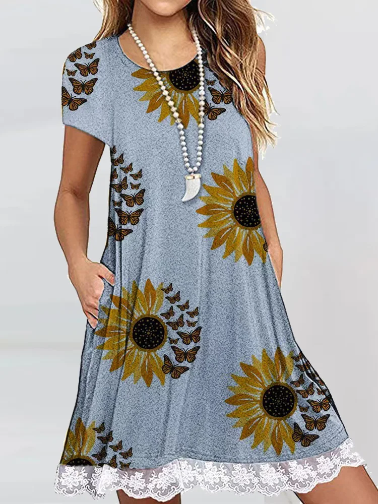 

Casual Round Neck Women Lace Dress Vintage Print Femme Short Sleeve Loose Dress Summer Streetwear Patchwork Pocket Dress Vestido