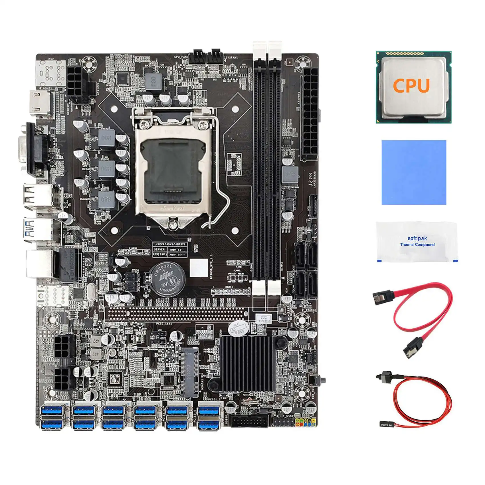 

Материнская плата B75 ETH для майнинга с 12 PCIE на USB + случайный ЦПУ + кабель переключения + кабель SATA + термопаста материнская плата B75