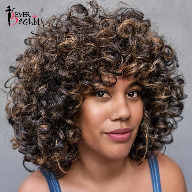 

Парики из человеческих волос с челкой, свободные, глубокие, вьющиеся, 4/27 цвета Омбре, бразильские натуральные волосы, Короткие парики для же...