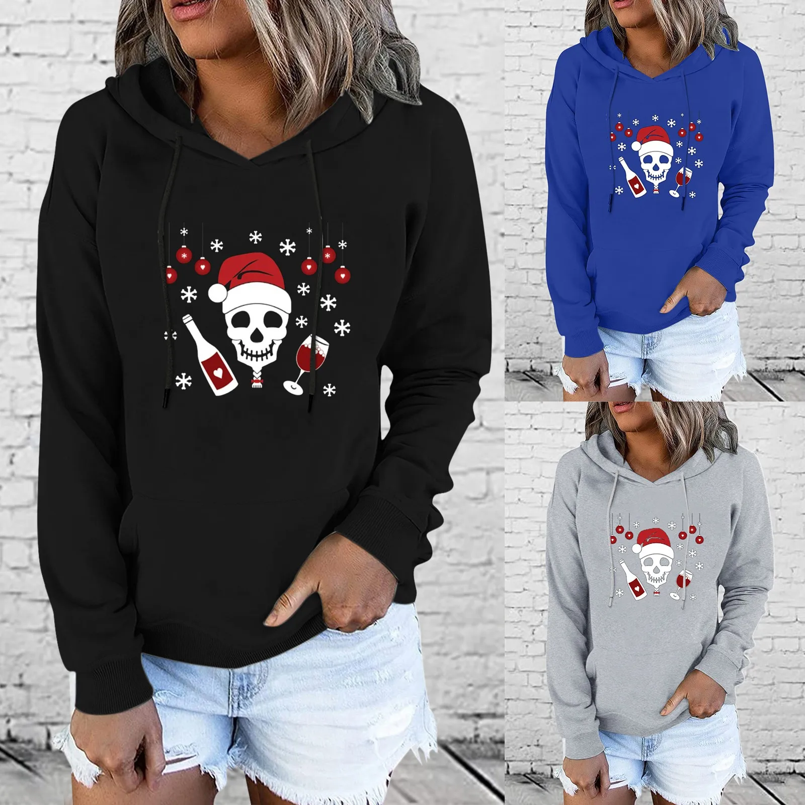 

Рождественская Женская Повседневная Толстовка с длинным рукавом и забавным принтом скелета, Женская толстовка с капюшоном, худи для бега, Ж...