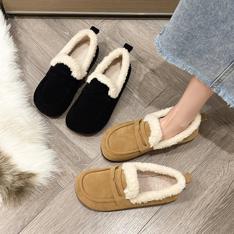 

Soft Korean Shoes Autumn Shallow Mouth Women's Moccasins Casual Female Sneakers Round Toe Loafers Fur 2022 Fall Winter New Flock