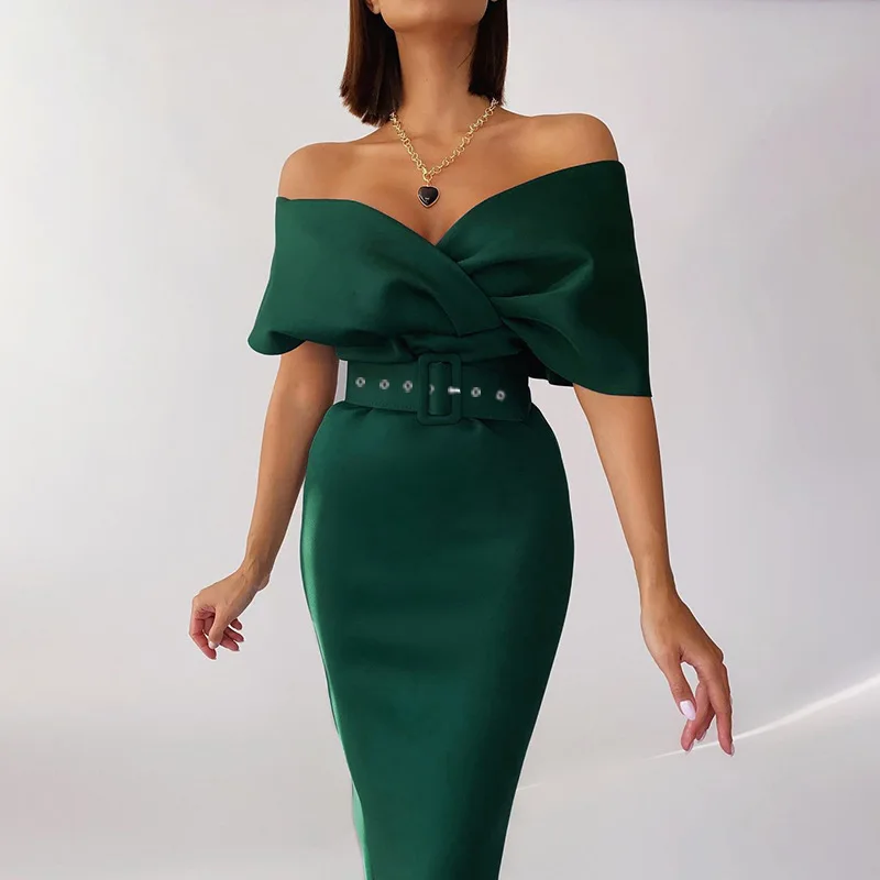 

Formal Women Elegant High Waist Dresses for Party Ladies Short Sleeve Vestidos V-Neck Backless Off Shoulder Midi Dress With Belt