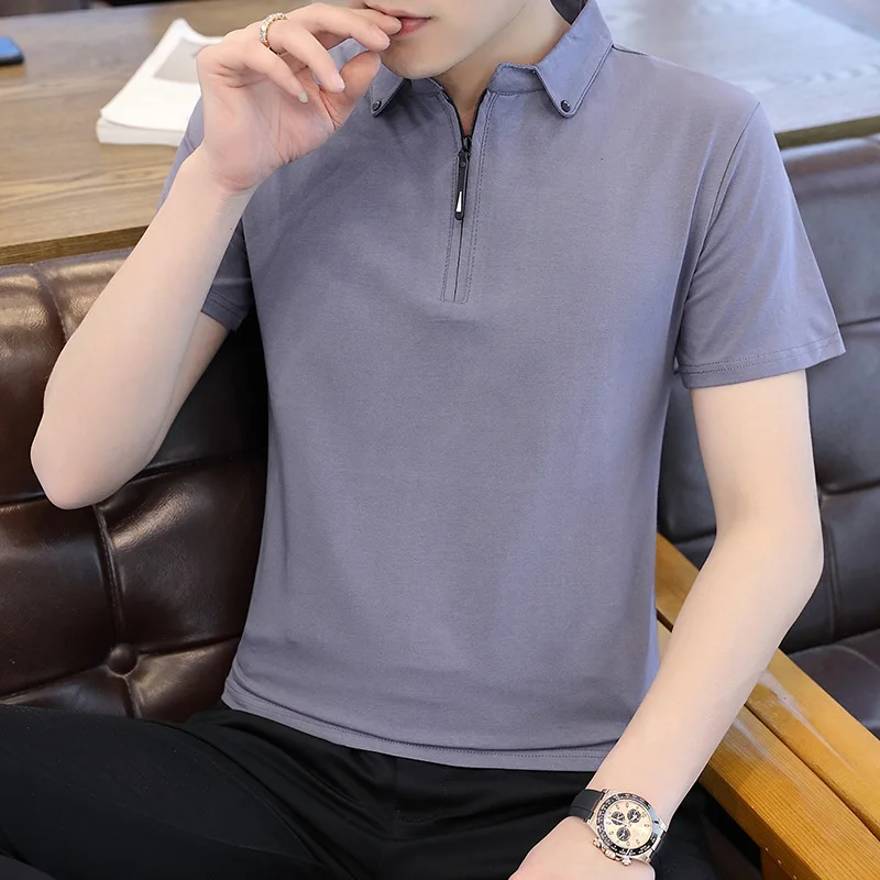 

Рубашка-поло мужская с коротким рукавом, брендовая Повседневная деловая, с отложным воротником, на молнии, модная одежда, на лето