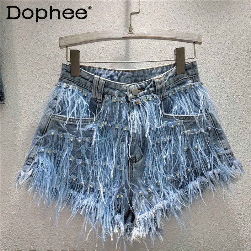 

2023 Summer New Exquisite Rhinestone Ostrich Feather Slim Fit Tassel All-Match Blue Denim Shorts Women Riding Shorts High Street