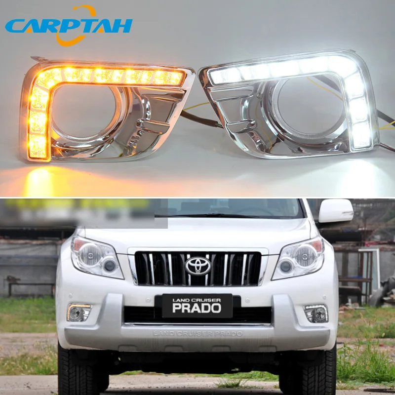 

Фонарь дневного света для Toyota Prado 150, FJ150, 2010-2013, 12 В, желтый индикатор поворота, фонарь для бампера, дневные ходовые огни