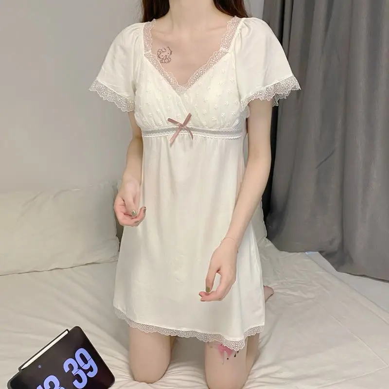 Lace Nightdress Princess Style Girls Pajamas Summer Night Wears for Women Sleepwear Solid Short Sleeve White Sweat Home Clothes