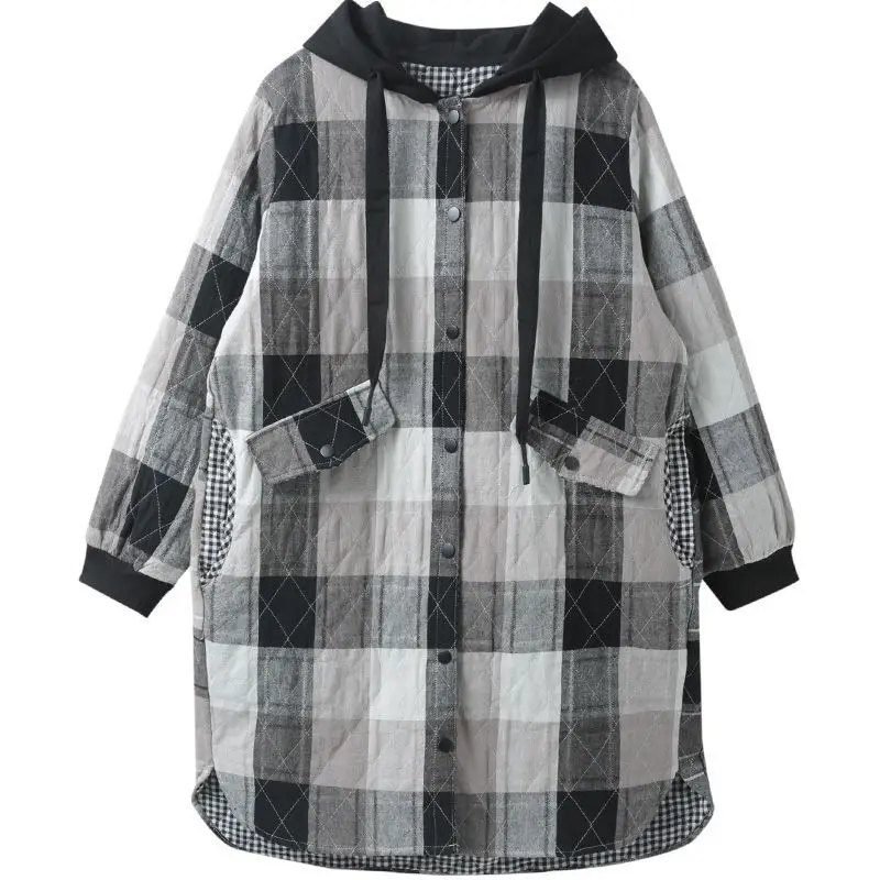 Women's Winter Clothes Long Plaid Hooded Padded Jacket Parka Jacket Plus Size Long Sleeve Top Korean Fashion Loose Free Shipping