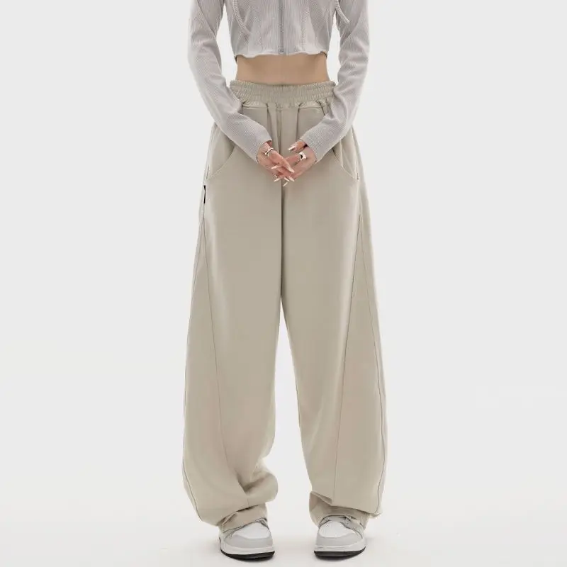 

2023 New Autumn Winter Apricot Plush Sports Pants Women's Loose Jogging Hiphop High Waist Street Wide Leg Female Trouser