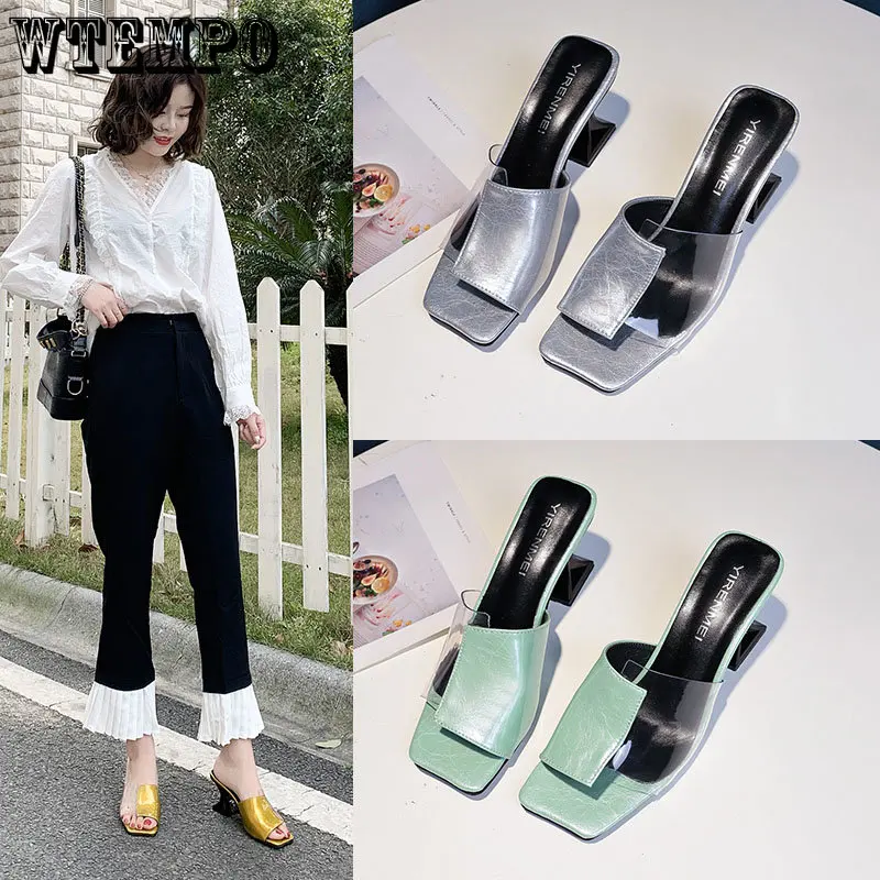 WTEMPO Women Strange Heels Shoes Patchwork Femmes Clear Sandales Square Open Toe Platform High Heels Slippers Dropshipping