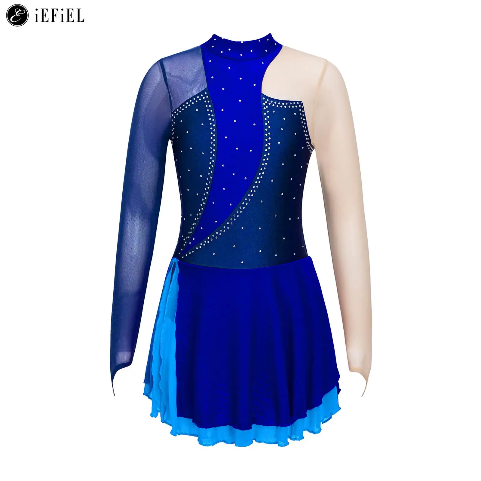 

Kids Girls Shiny Rhinestone Long Sleeve Colorblock Figure Ice Skating Dress Leotard Ballroom Dance Stage Performance Costume