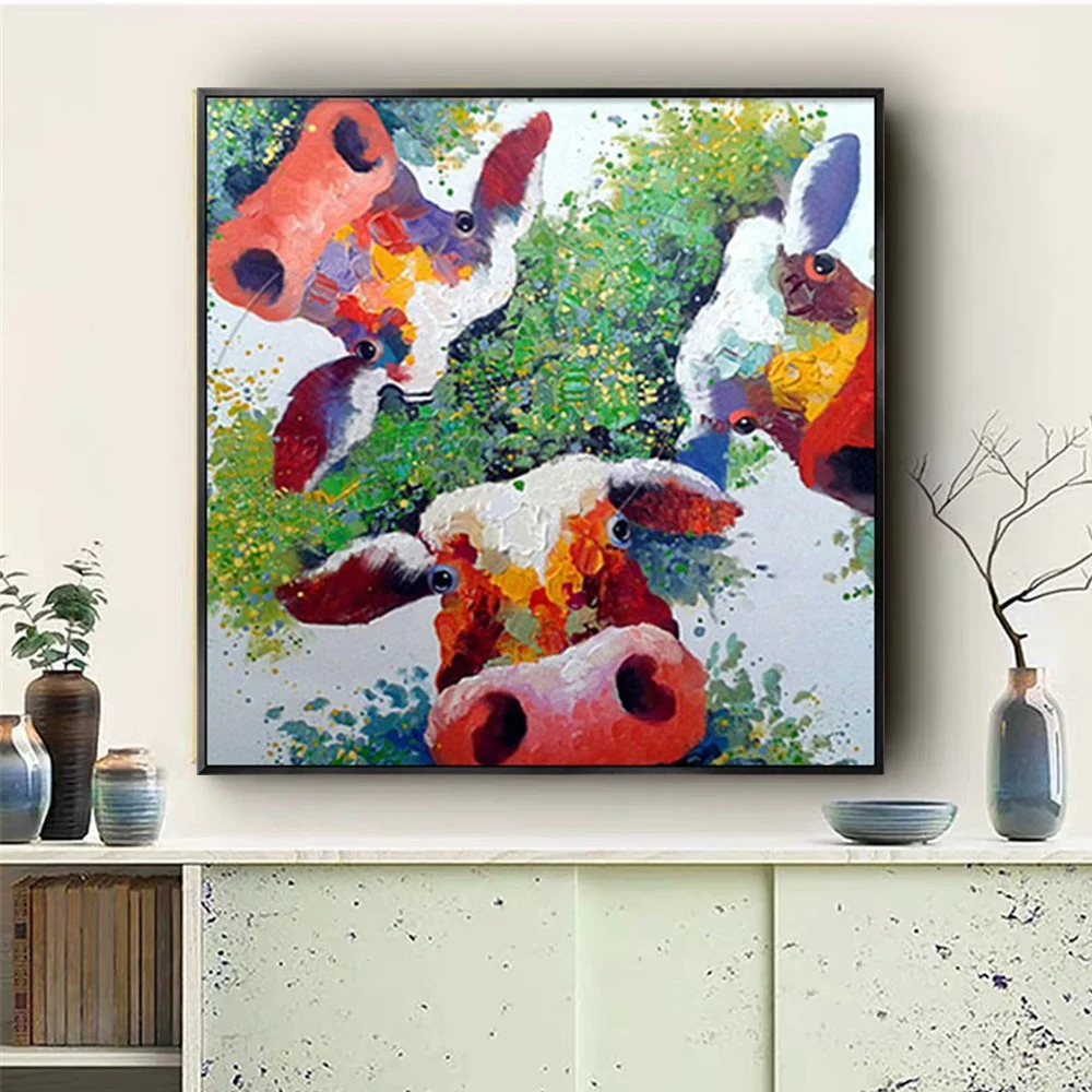 

Hand-Painted Oil Painting Farm Cow Wall Art Cartoon Decorative Animal Painting Funny Kitchen Hanging Painting Porch Art Mural