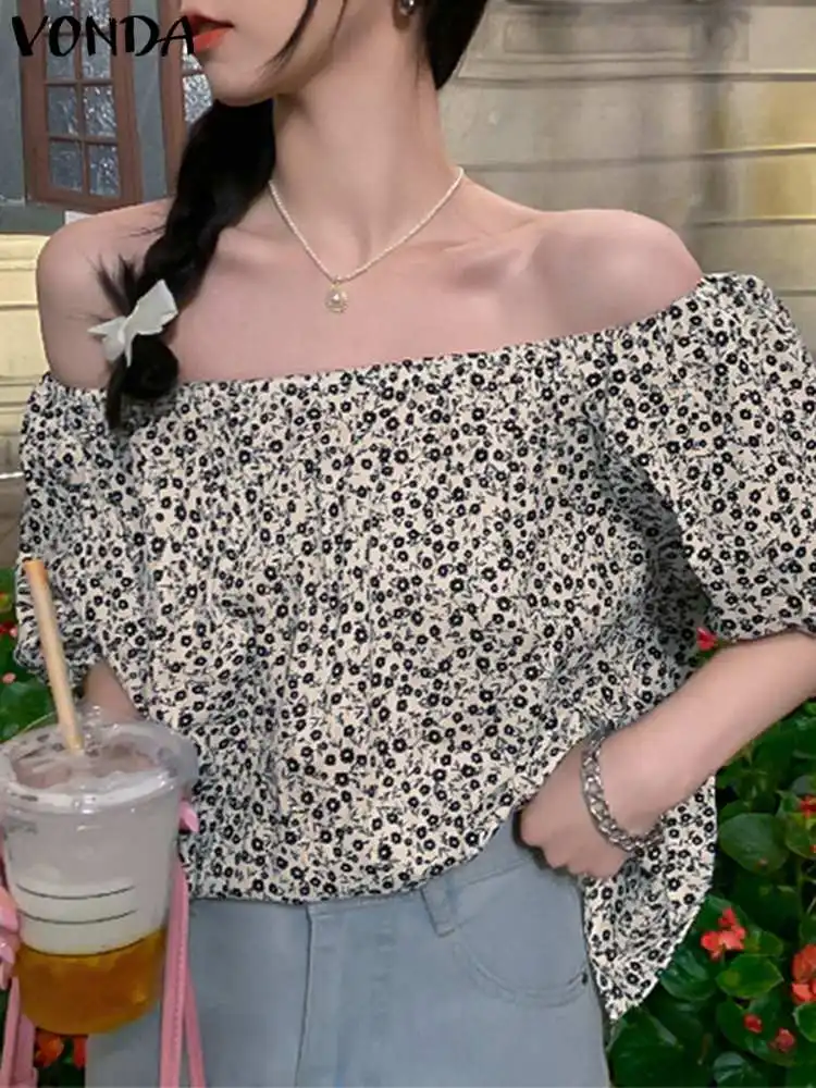 

Summer Bohemian Blouse 2023 VONDA Women Floral Printed Tops Casual Loose Sexy Puff Sleeve Off Shlouder Party Beach Shirts Femme