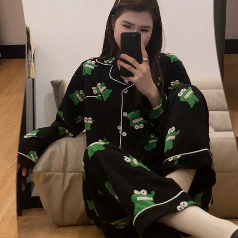 

Kawaii Crayon Shin-chan Pajamas Crocodile Biscuit Pajamas Women's Spring and Autumn Long Sleeve Casual Homewear Cute Anime Set