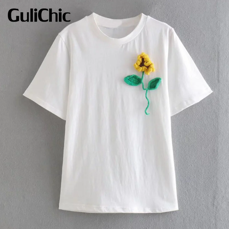 

3,22 г., GuliChic, женская Свободная Повседневная футболка с круглым вырезом и коротким рукавом, с цветочной вышивкой, с трехмерным украшением