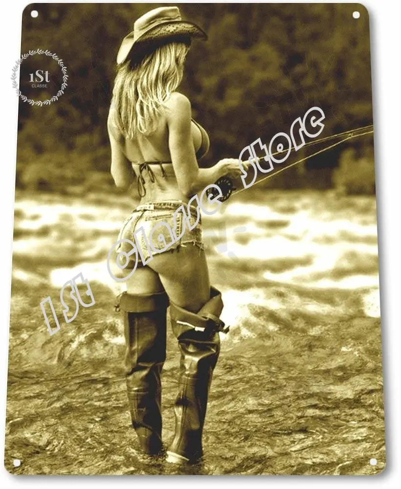 

Оловянная надпись для открытого сезона Нахлыста, привлекательная девушка, рыболовная удочка, катушка, металлическая жестяная подвеска, Дек...