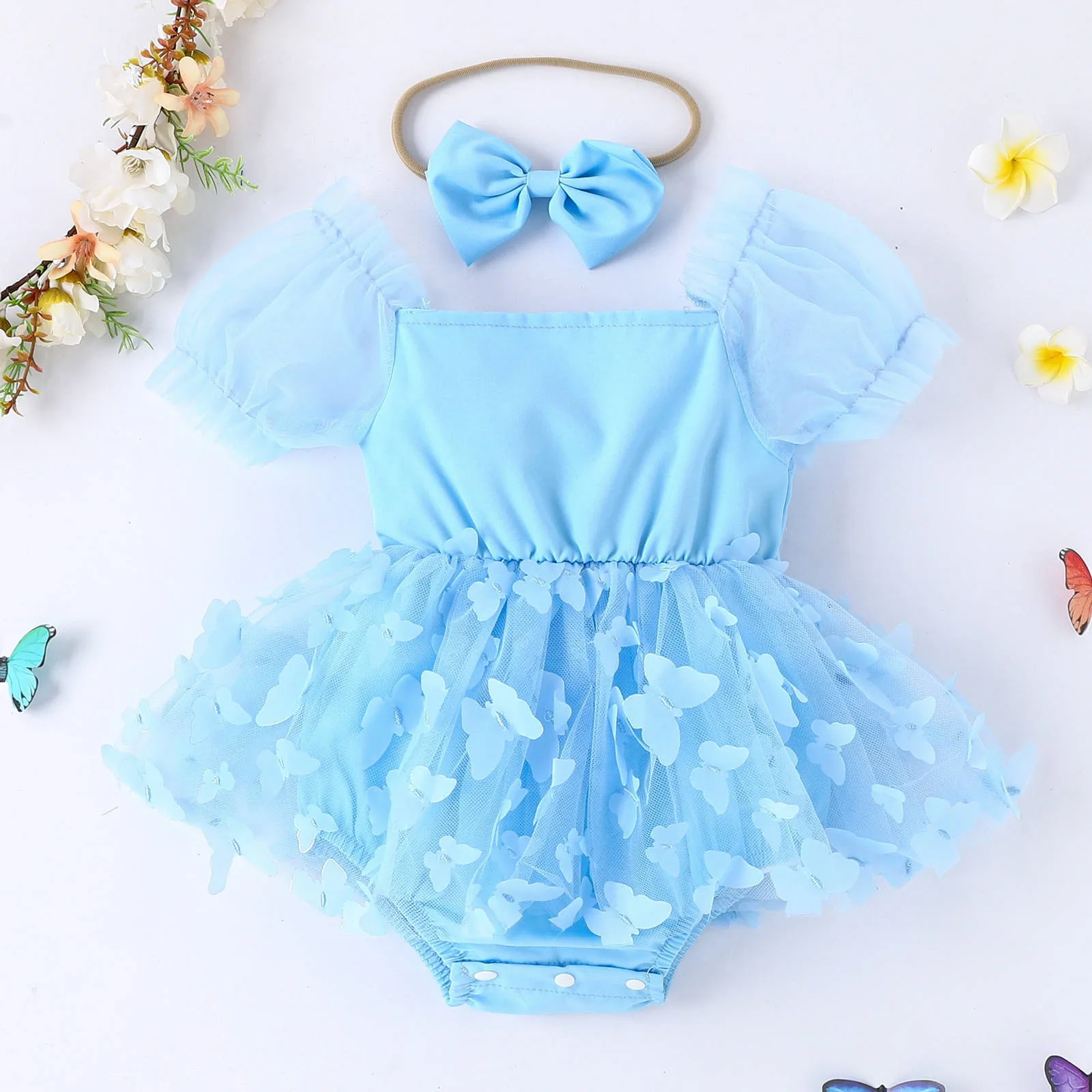 

Комбинезоны для новорожденных в стиле "Лолита", Тюлевое платье с коротким рукавом и бабочкой для маленьких мальчиков и девочек, комбинезон, однотонный комбинезон + повязка на голову, комплект одежды из 2 предметов