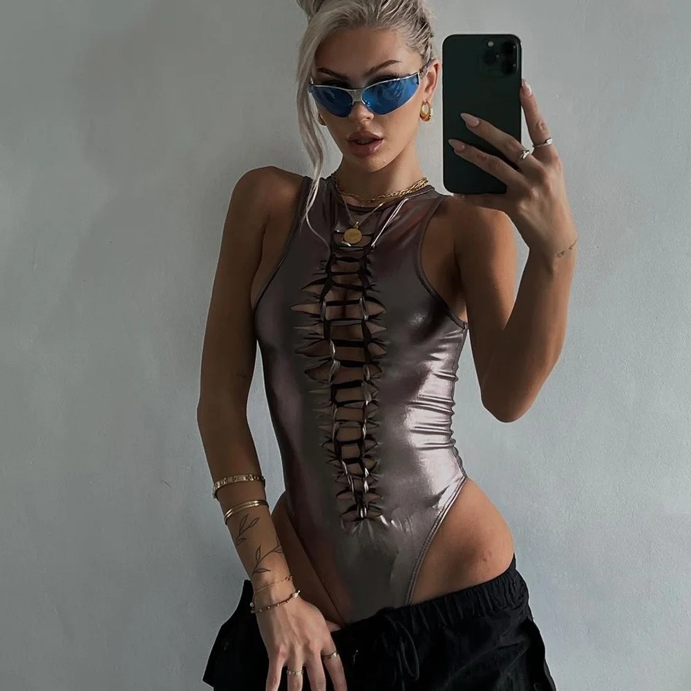 

Women's 2023 New Tight Sexy Hollow Out U Neck Tie Metal Color Bodysuit