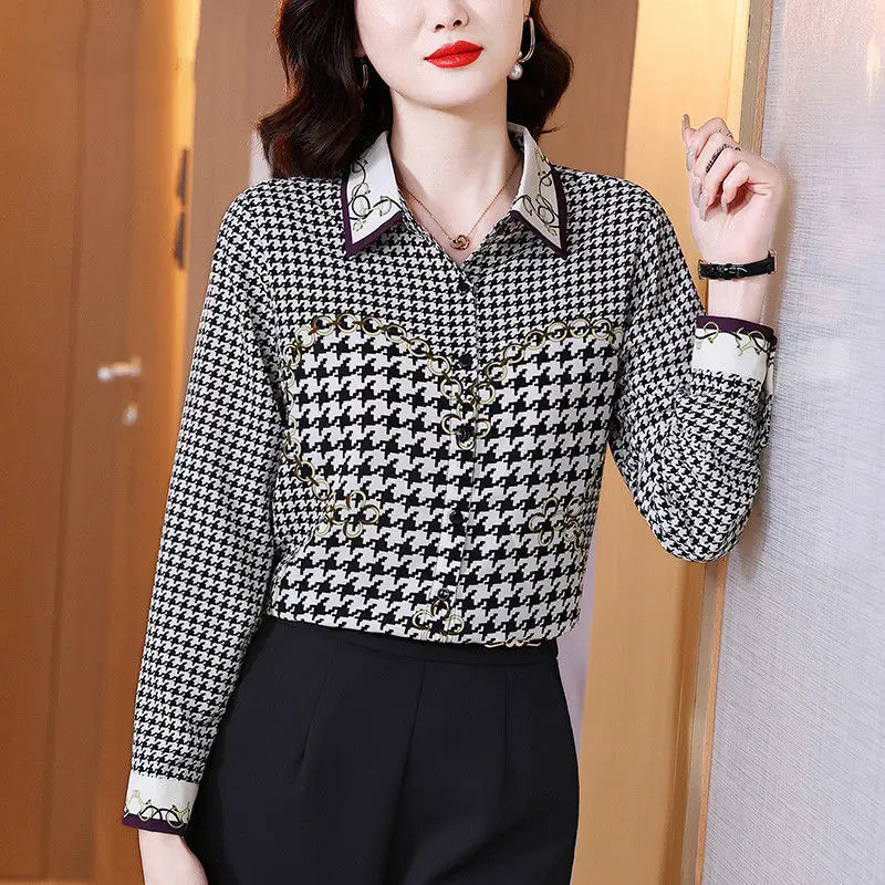 

Женская шифоновая рубашка с принтом «гусиные лапки» и длинным рукавом