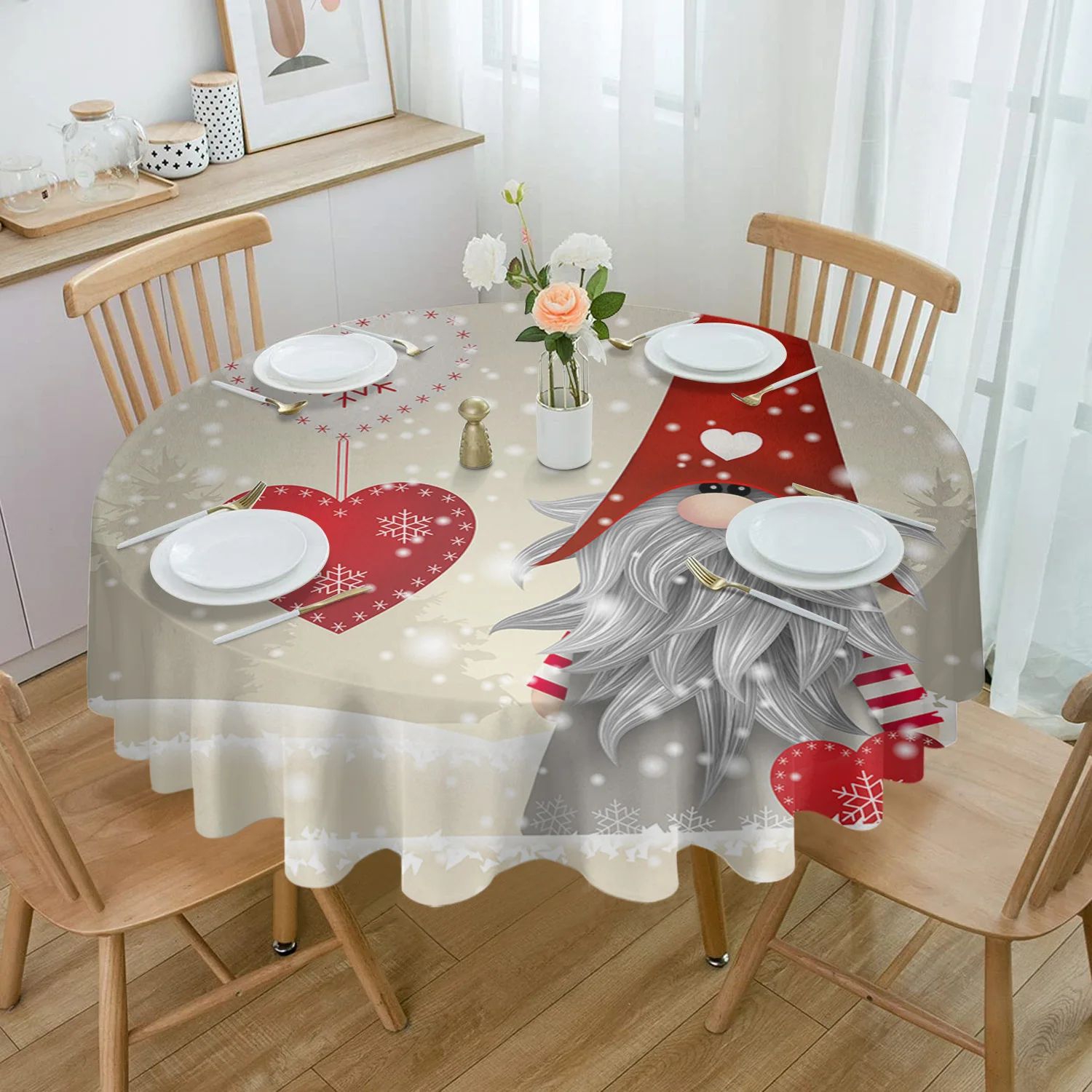 

Christmas Gnome Snowflake Love Heart Round Tablecloth Waterproof Wedding Party Table Cover Christmas Dining Table Tablecloth