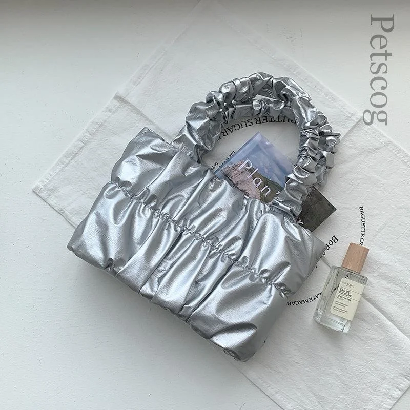 

Дизайнерская Женская сумочка с рюшами, модная квадратная сумка для покупок, вместительная Серебристая женская сумка для работы и книжная с...