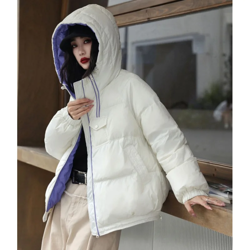 

Зимняя Молодежная модная свободная короткая пуховая куртка с капюшоном и двойной молнией, женское теплое пальто для отдыха 3391