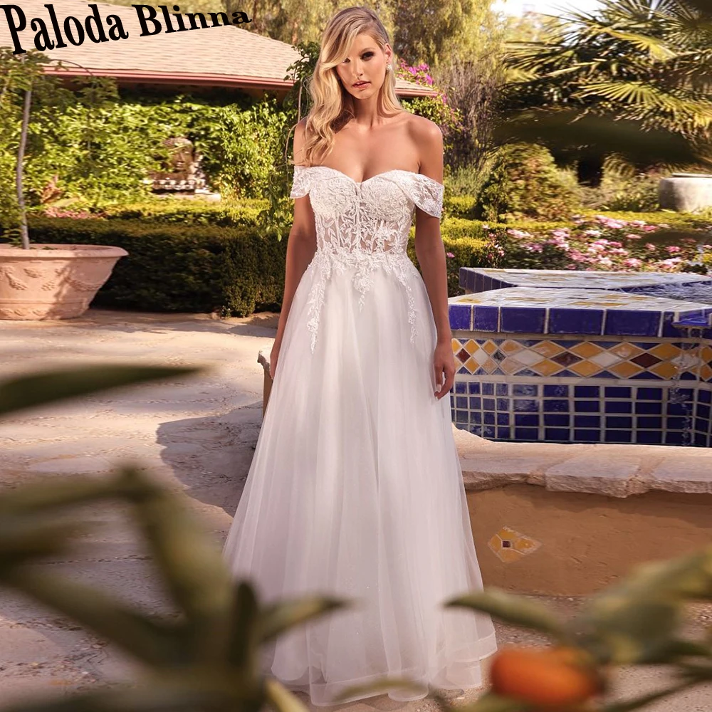 

Paloda Charming Cap Sleeve Wedding Dresses For Bride Sweetheart Lacing Up Floor Length Tulle Short Sleeves A-LINE Appliques