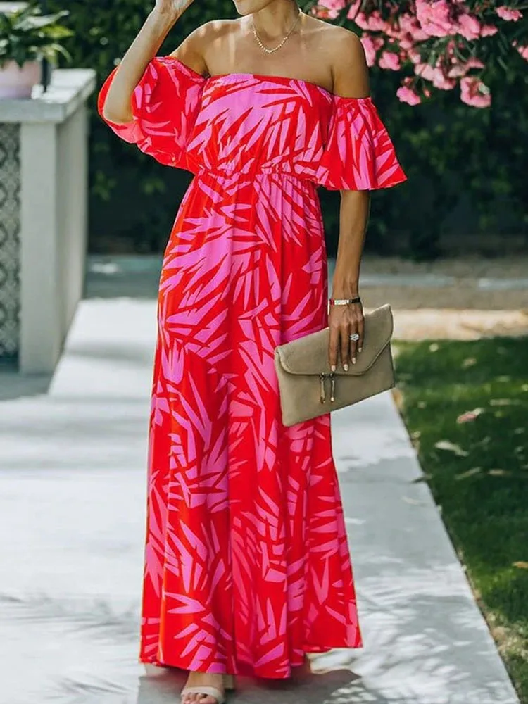 

Sexy Off Shoulder Resort Long Dress Elegant Floral Print Short Sleeve High Waist Beach Dress Summer Street Commuter Ladies Dress