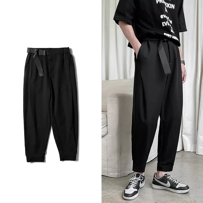 

NEW IN Black Solid Color Straight Harem Pants Korean Man Loose Ankle-Length Harajuku Streetwear Woman Fashion Casual Pants