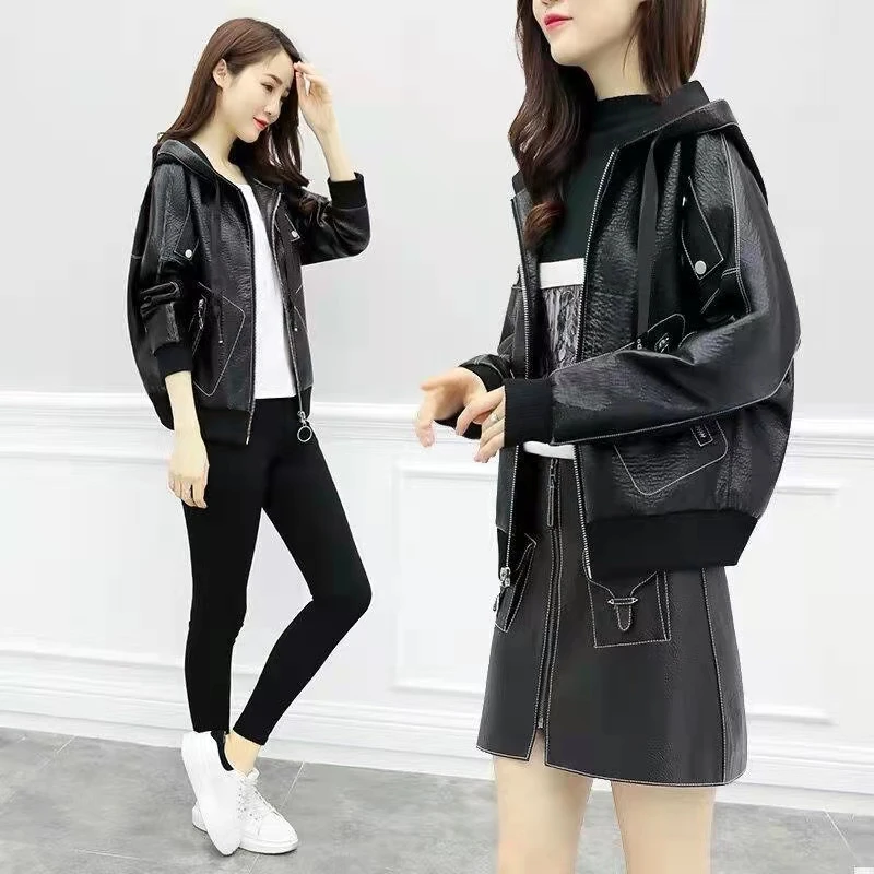 Winter Autumn  PU Leather Short Hooded Leather Jacket Women's Short Hooded Plush Locomotive Loose Casual Fashion Black Coat
