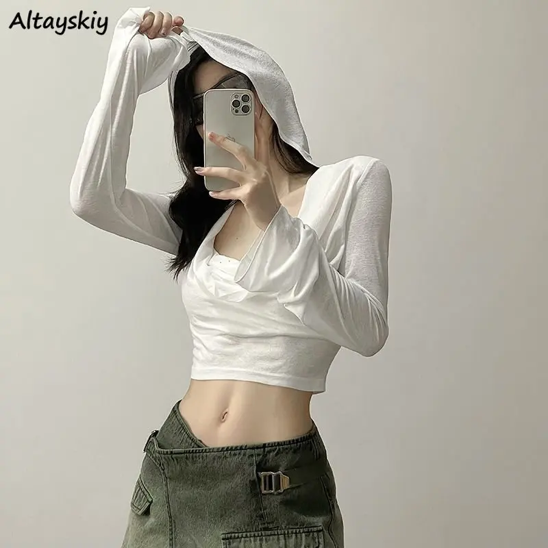 

Long Sleeve T-shirts Women American Style Hotsweet Chic Spring Gothic Crop Tops Hooded Y2k Streetwear Workout Sexy White Tees