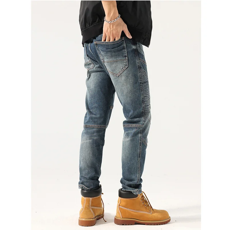 Streetwear Men Fashion Splicing Elastic Force Cargo Pants Self-cultivation Retro Nostalgia Blue Jeans Autumn and Winter Female