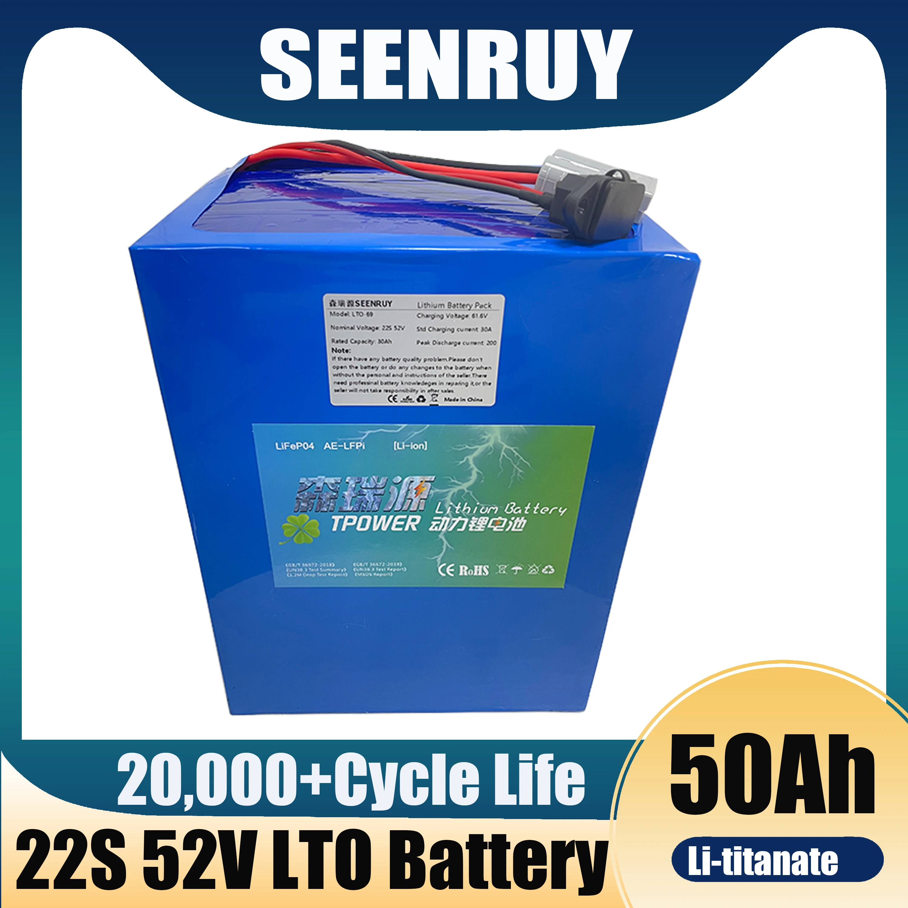 

SEENRUY 52V 50AH Lithium Titanate Battery Pack With BMS 22S LTO Battery for 48V 4000W Solar System Bike Scooter E Cart