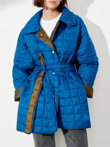 Женская синяя зеленая двухсторонняя отбеленная парка оверсайз средней длины стеганая куртка осень-зима винтажное Свободное пальто верхня...