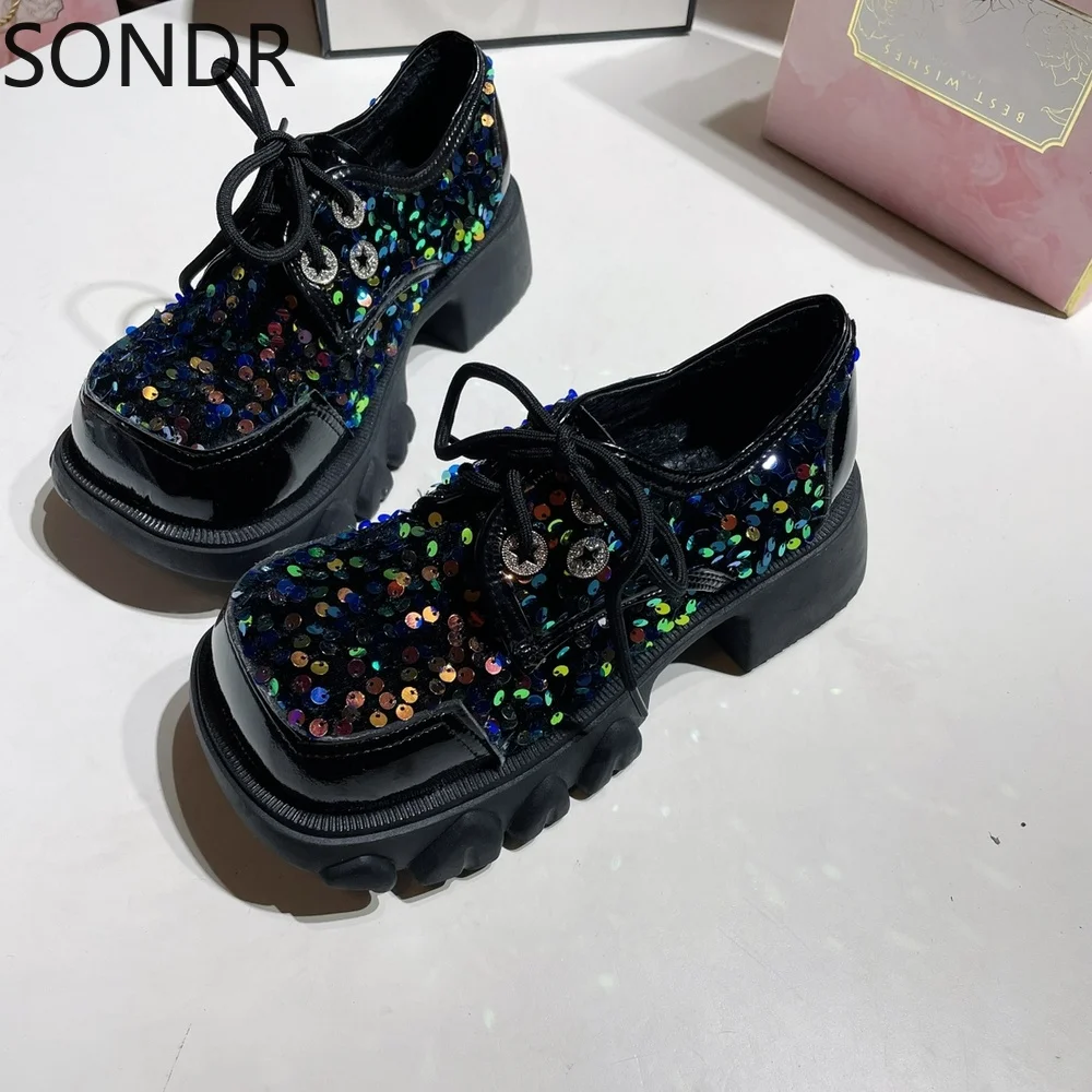 

Womens Square Toe Sequins Bling Platform Chunky Heel Oxfords Creepers Shoes Girls Japanese Harajuku Dark New 2022New