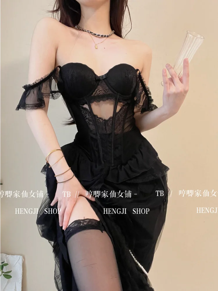 

TVVOVVIN Fairy Lace Mesh Sexy Black Mini Tank Summer Beach Dress Elegant Ruffles Tops Autumn Sweet Korean Women 2022 CP8L