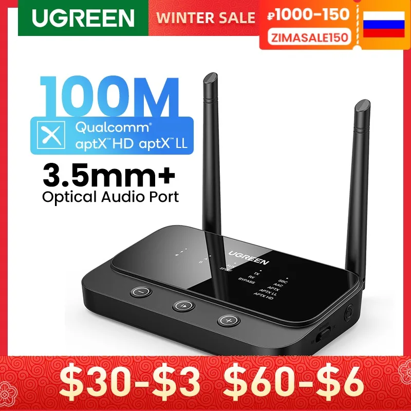 

UGREEN 100m Long Range Bluetooth 5.0 Transmitter Receiver AptX LL AptX HD Audio Adapter Wireless Audio Dongle for TV Home Stereo