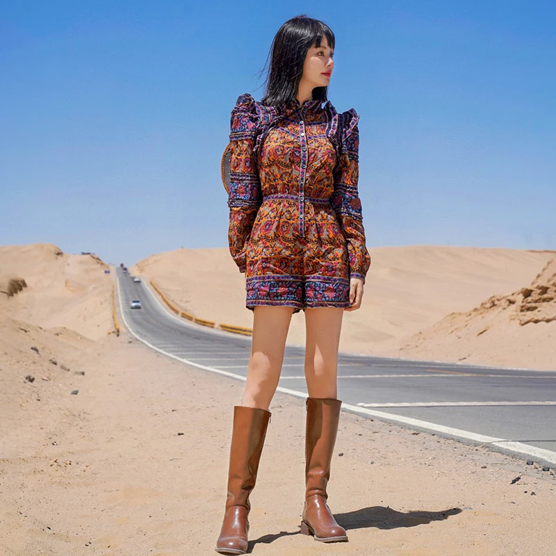 

Women Retro Floral Print Pleated Simple Slim Long-sleeved Fungus Edge Jumpsuit Playsuits