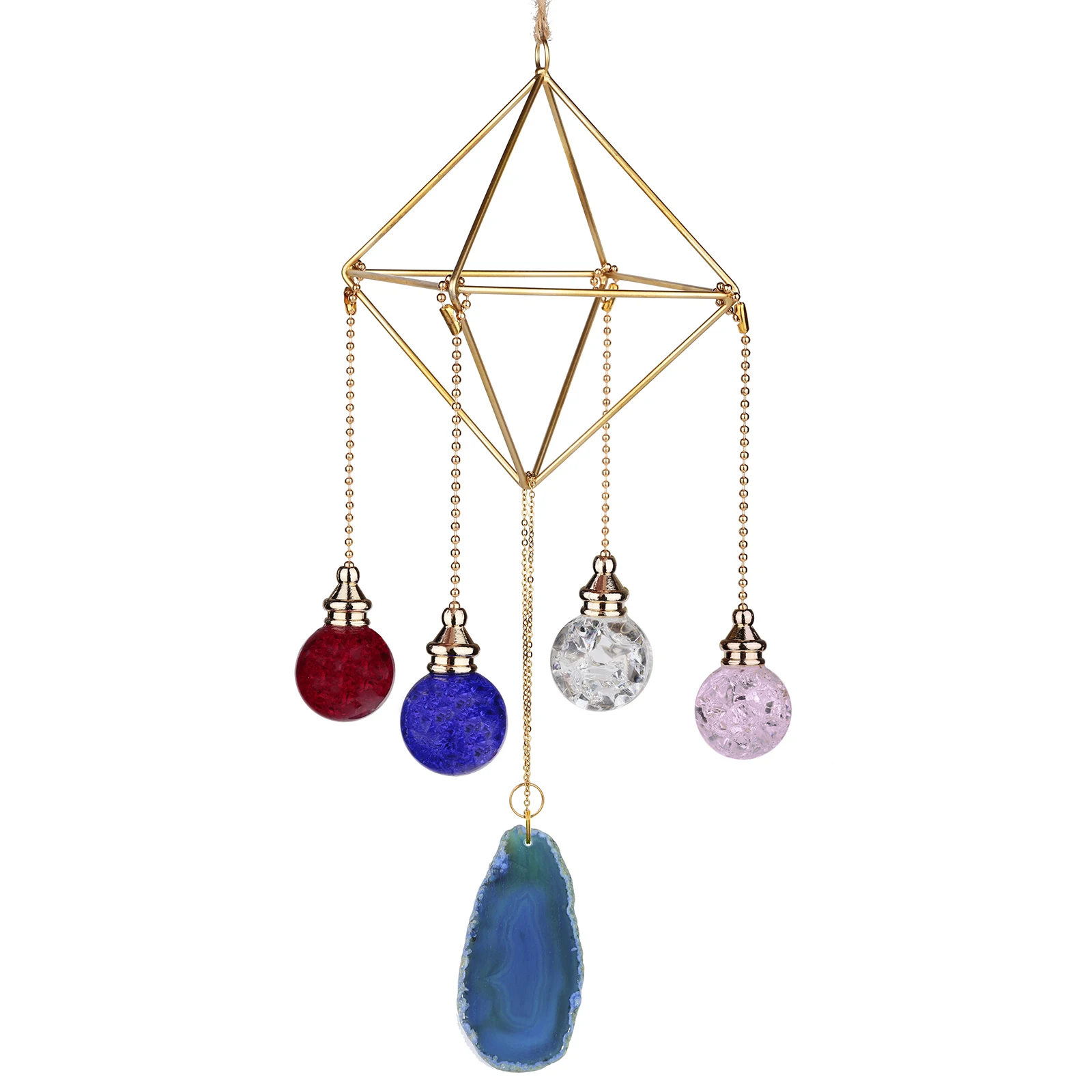 TUMBEELLUWA Handmand Geometric Stand Wind Chimes Natural Agate Slices  Color Glass Ball Hanging Ornaments For Home Room Decor